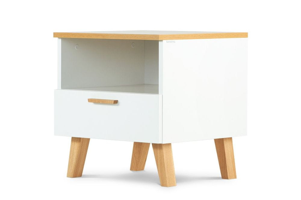 Konsimo Nočný stolík FRISK zásuvka police dub biely 48 x 50 x 46 cm